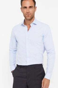 Cortefiel Slim Fit Blue Plain Easy Iron Textured Shirt