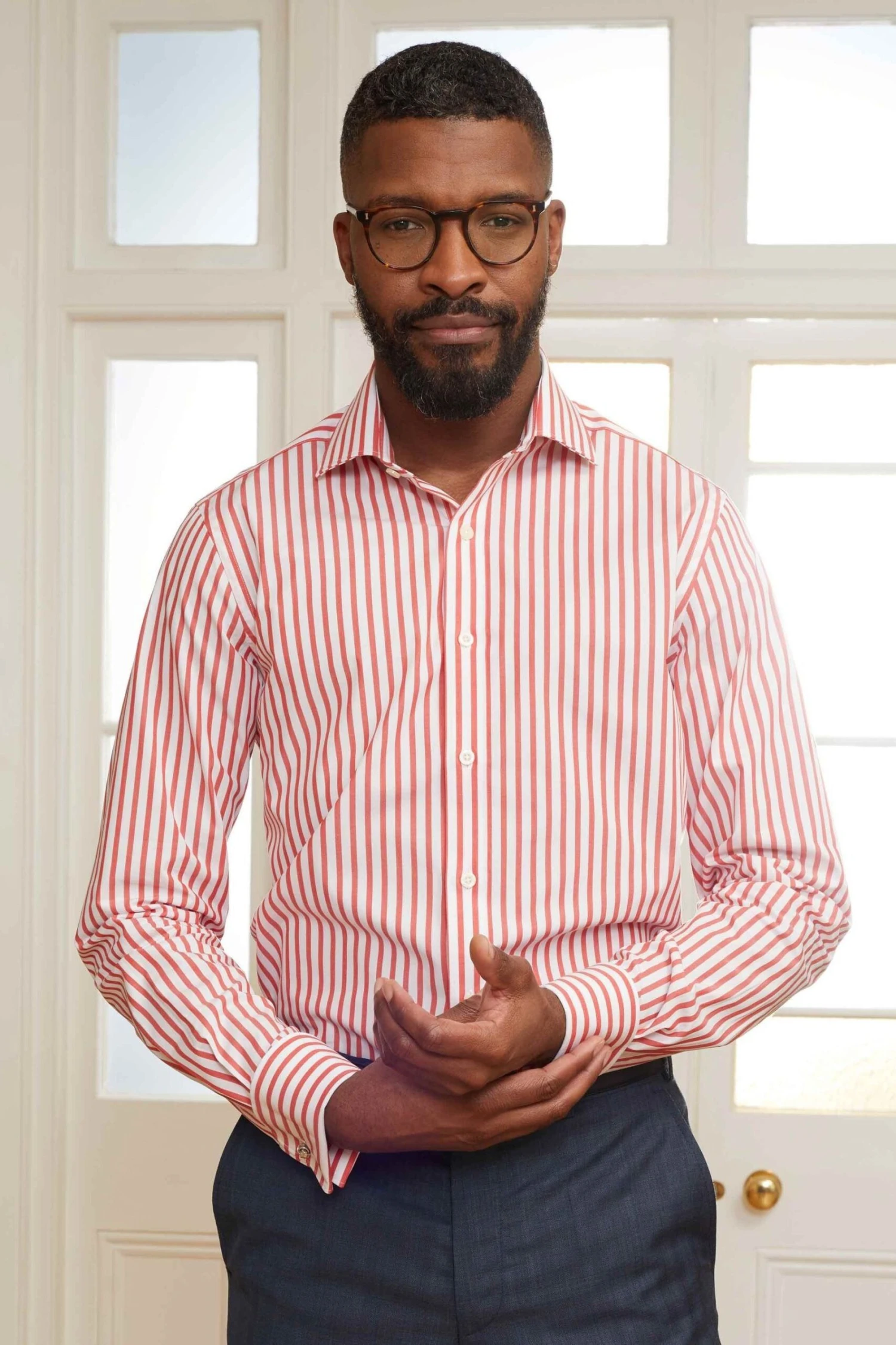 Savile Row Company Red Stripe Slim Fit Double Cuff Shirt 3 Savile Row Company Red Stripe Slim Fit Double Cuff Shirt