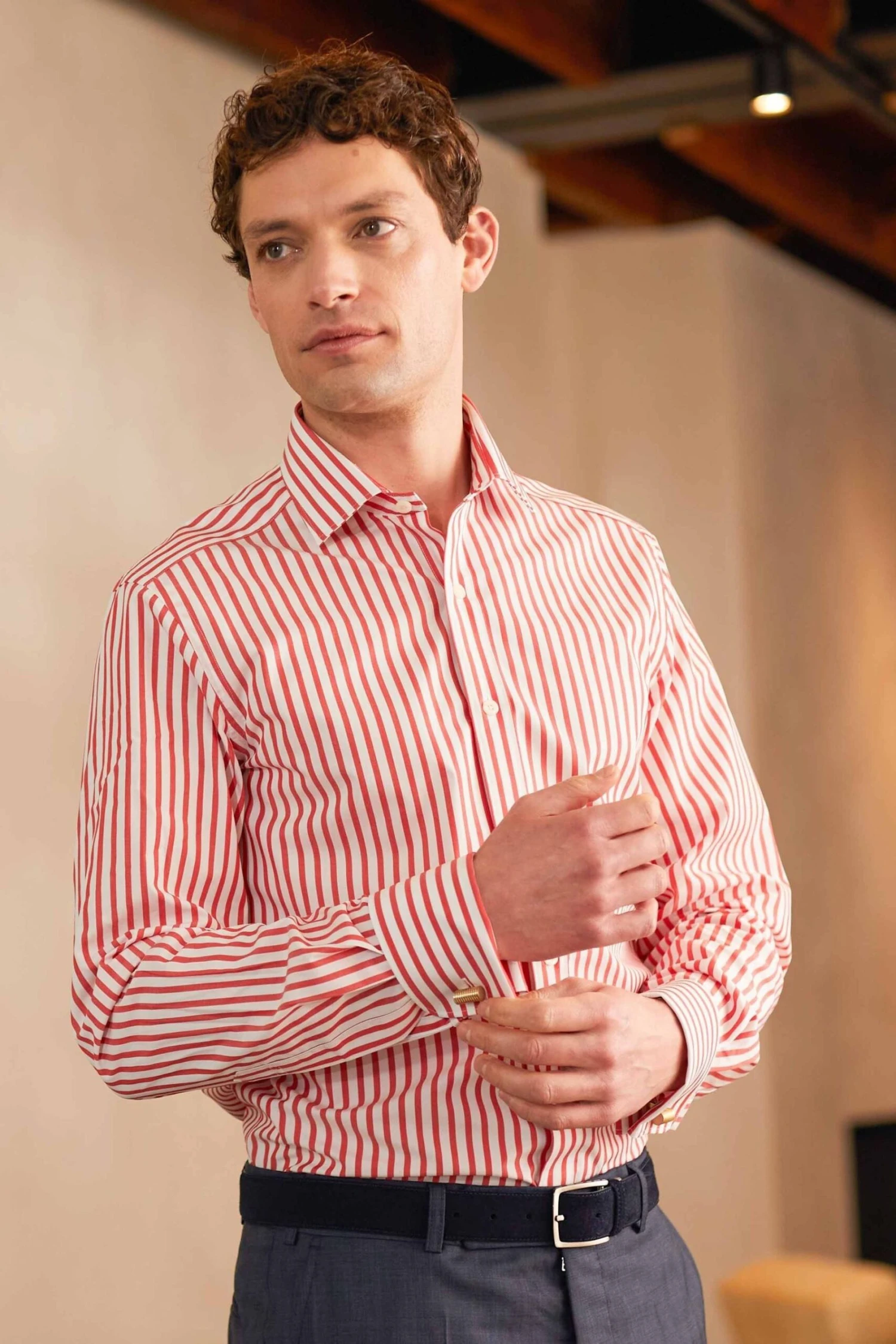 Savile Row Company Red Stripe Slim Fit Double Cuff Shirt 4 Savile Row Company Red Stripe Slim Fit Double Cuff Shirt - Image 2