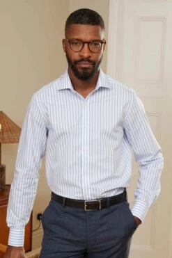 Savile Row Company Sky Blue Stripe Slim Fit Double Cuff Shirt