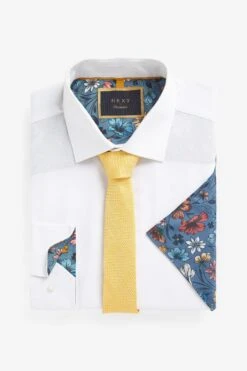Next White/Yellow Floral Pocket Square Regular Fit Single Cuff Shirt And Tie Pack -Cheap Drape Nova Store C02435s5