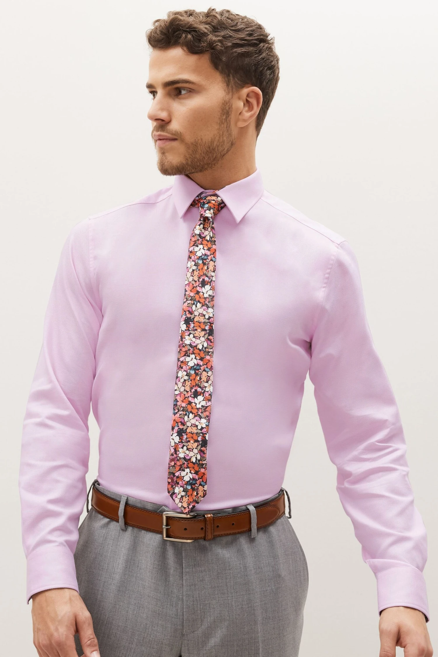 Next Pink/Orange Floral Shirt, Tie, Pocket Square And Lapel Pin Pack 3 Next Pink/Orange Floral Shirt, Tie, Pocket Square And Lapel Pin Pack