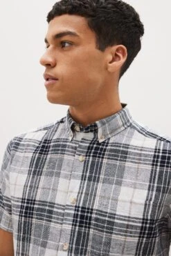 Next Linen Blend Short Sleeve Check Shirt -Cheap Drape Nova Store C59302s4
