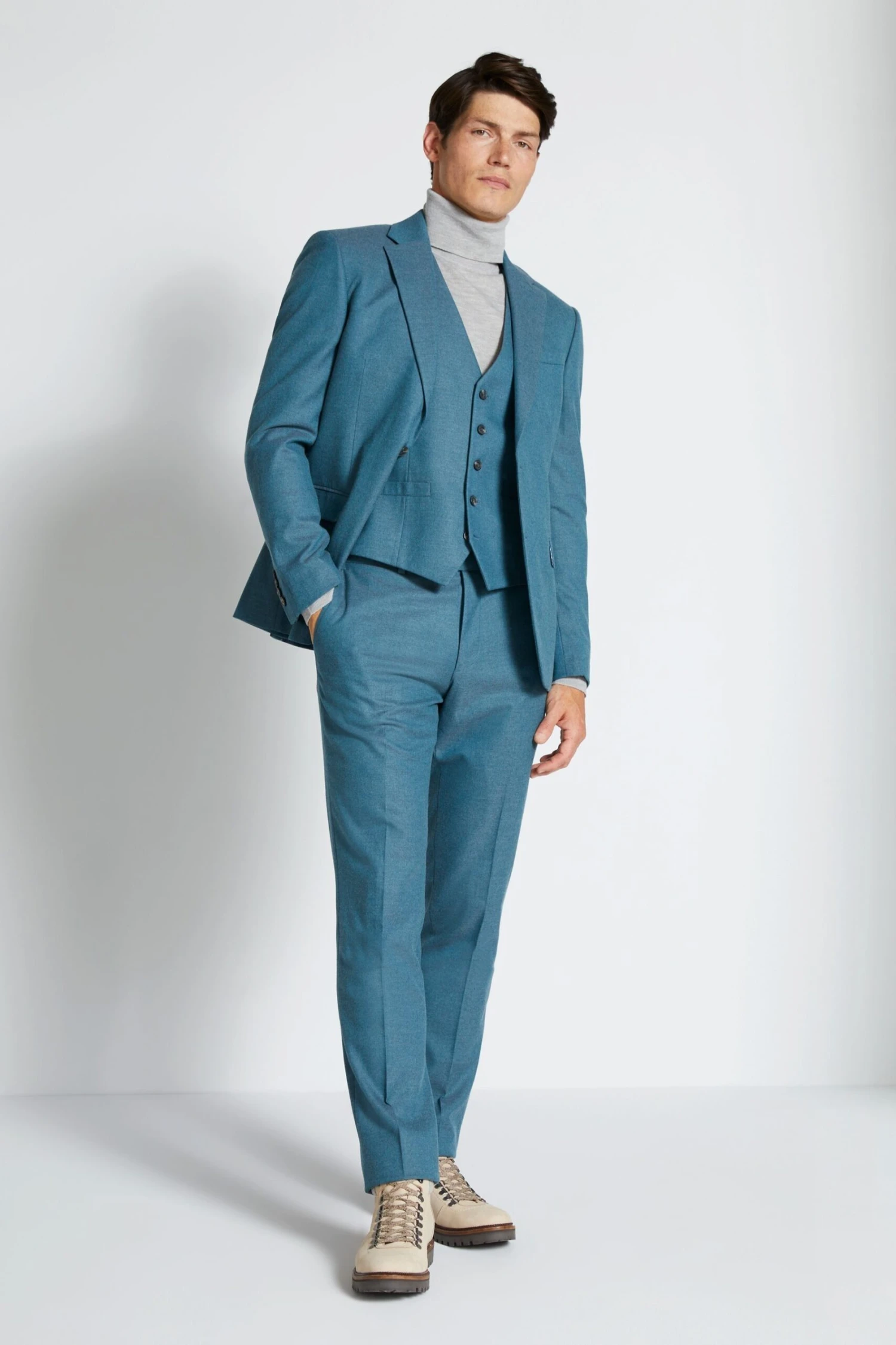 MOSS Slim Fit Teal Blue Flannel Suit: Jacket 6 MOSS Slim Fit Teal Blue Flannel Suit: Jacket - Image 4