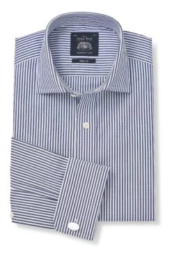 Savile Row Co Navy Bengal Stripe Slim Fit Double Cuff Shirt -Cheap Drape Nova Store C96280s4