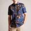 Ted Baker Blue Belmar Short Sleeve Linen Blend Floral Shirt -Cheap Drape Nova Store M87883s