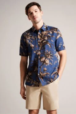 Ted Baker Blue Belmar Short Sleeve Linen Blend Floral Shirt