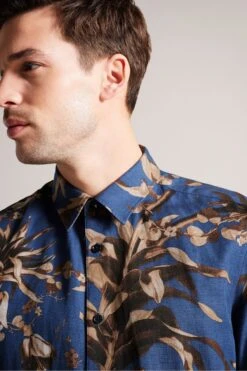 Ted Baker Blue Belmar Short Sleeve Linen Blend Floral Shirt -Cheap Drape Nova Store M87883s4
