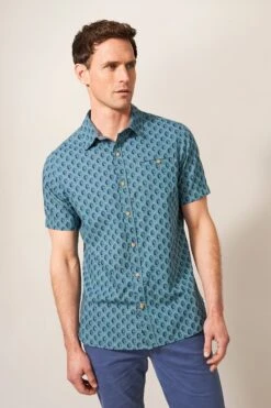 White Stuff Green Linear Fish Printed Short Sleeve Shirt