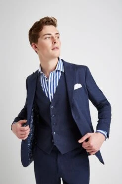 MOSS Blue Slim Fit Linen Suit: Jacket
