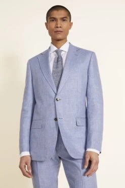 MOSS Blue Tailored Fit Dusty Linen Jacket
