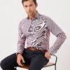 Next Burgundy Red Puppytooth Slim Fit Double Cuff Signature Trimmed Shirt
