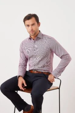 Next Burgundy Red Puppytooth Slim Fit Double Cuff Signature Trimmed Shirt