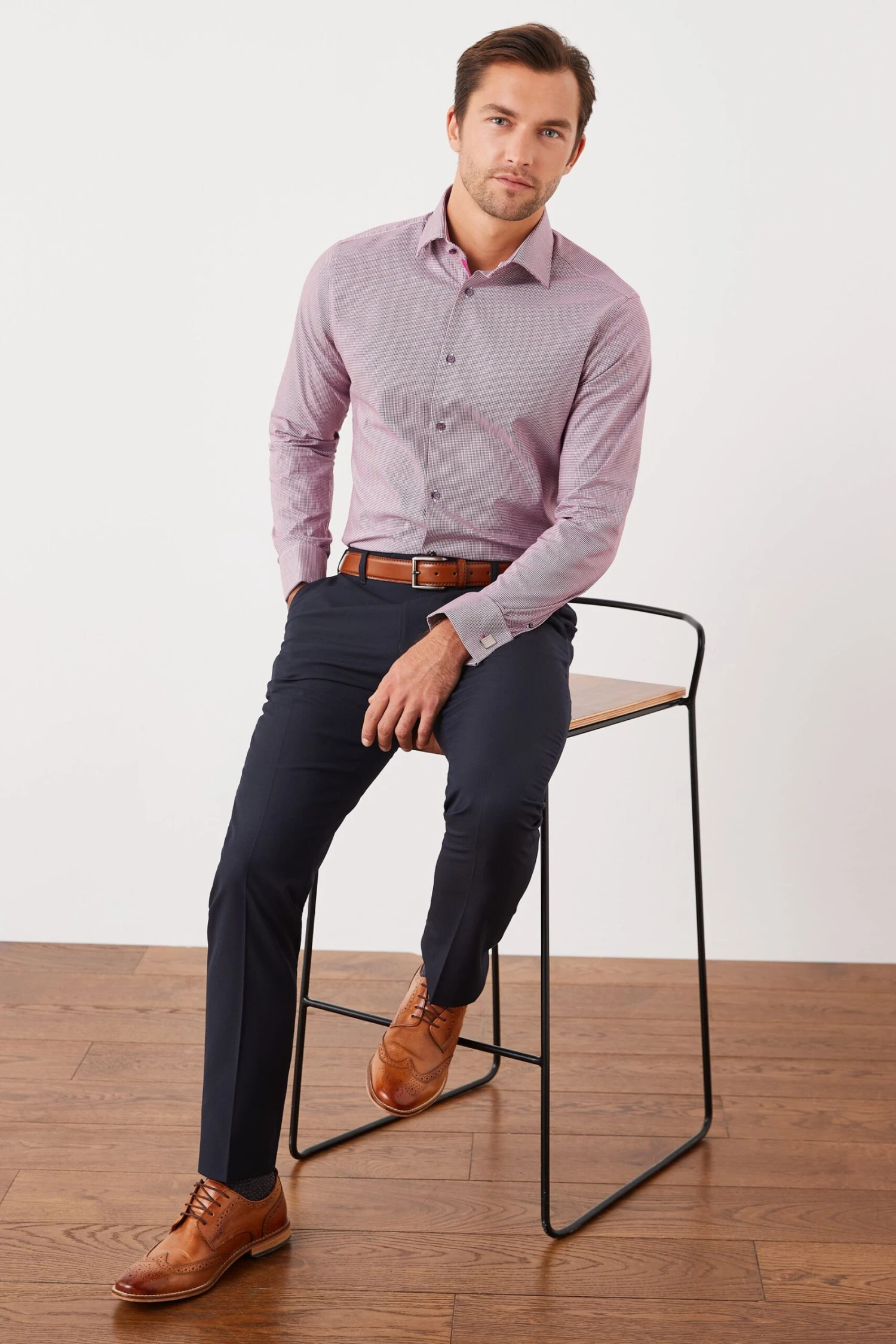 Next Burgundy Red Puppytooth Slim Fit Double Cuff Signature Trimmed Shirt 4 Next Burgundy Red Puppytooth Slim Fit Double Cuff Signature Trimmed Shirt - Image 2