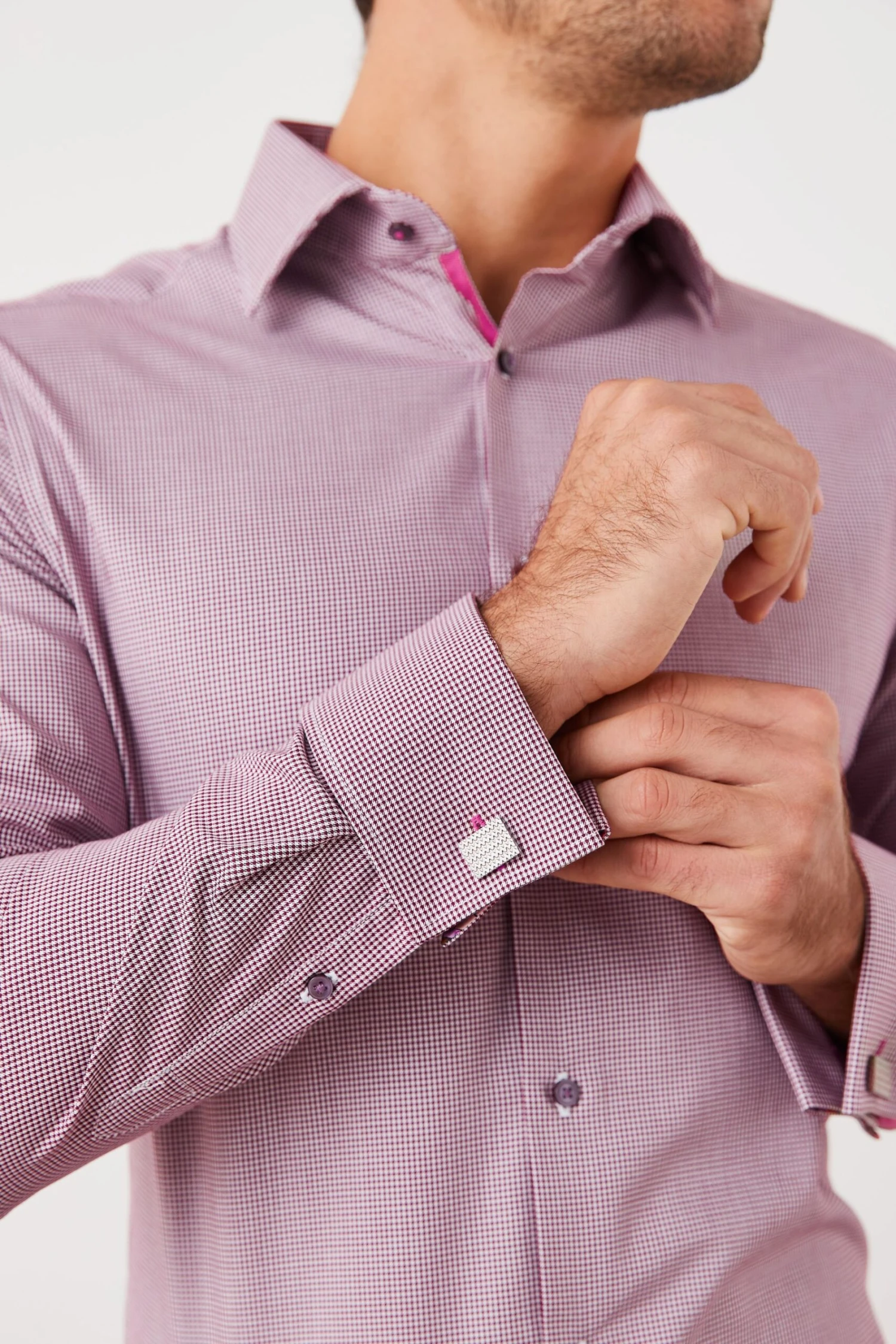 Next Burgundy Red Puppytooth Slim Fit Double Cuff Signature Trimmed Shirt 6 Next Burgundy Red Puppytooth Slim Fit Double Cuff Signature Trimmed Shirt - Image 4