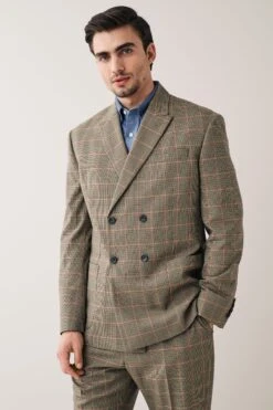 Next Taupe Brown Relaxed Fit Check Double Breasted Suit: Jacket